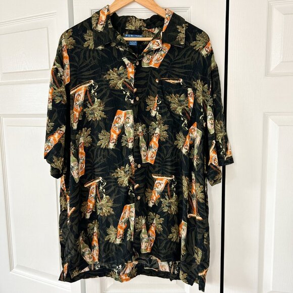 Vintage Y2K Puritan Hawaiian Shirt Black Tropical Beer Graphic Men’s Size XL - Picture 1 of 5